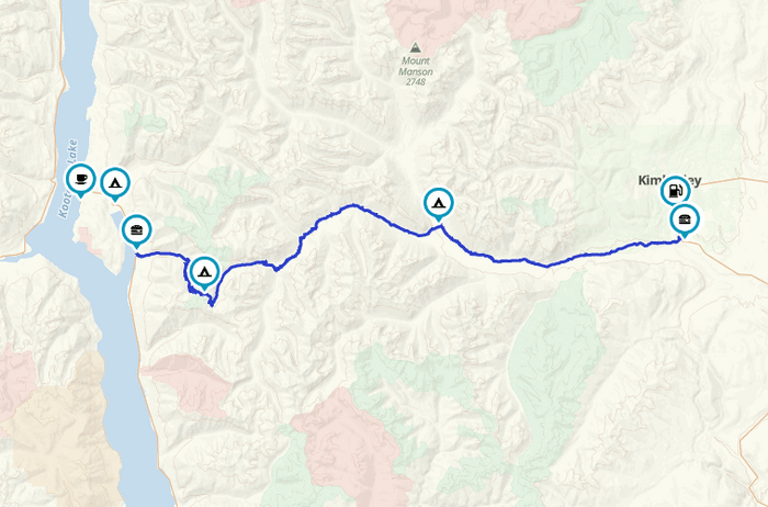 Map screenshot of the Gray Creek Pass route from Kootenay Lake to Kimberley with waypoints