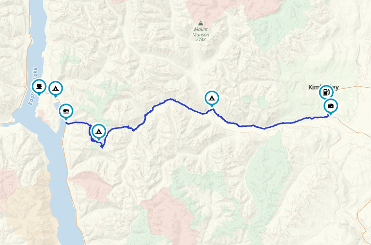 Map screenshot of the Gray Creek Pass route from Kootenay Lake to Kimberley with waypoints