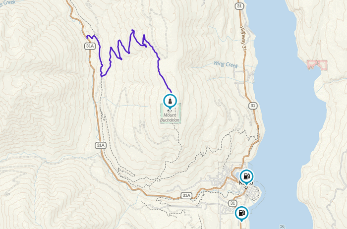 Topographic map screenshot of the Buchanan Lookout trail up Mount Buchanan near Kaslo BC