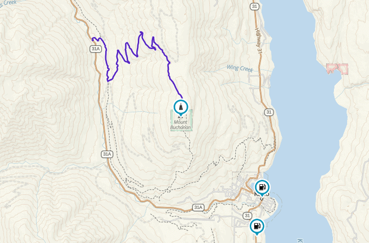 Topographic map screenshot of the Buchanan Lookout trail up Mount Buchanan near Kaslo BC