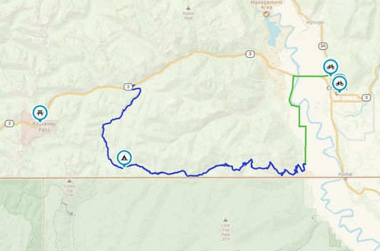 Map of the Boundary Lake bypass loop route near Kootenay Pass and Creston BC