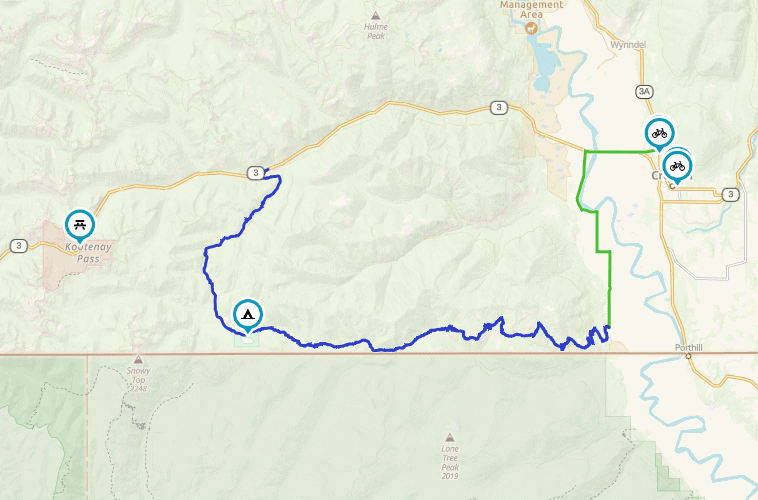 Map of the Boundary Lake bypass loop route near Kootenay Pass and Creston BC