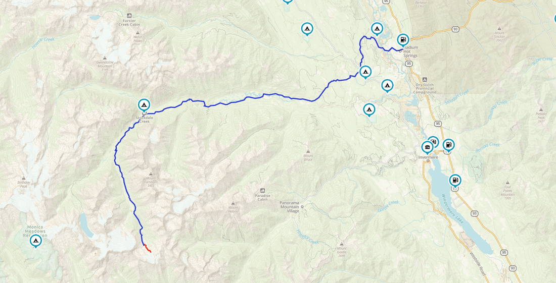 Map screenshot of a GPX route through the mountains toward Farnham Glacier and Radium Hot Springs BC