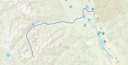 Map screenshot of a GPX route through the mountains toward Farnham Glacier and Radium Hot Springs BC