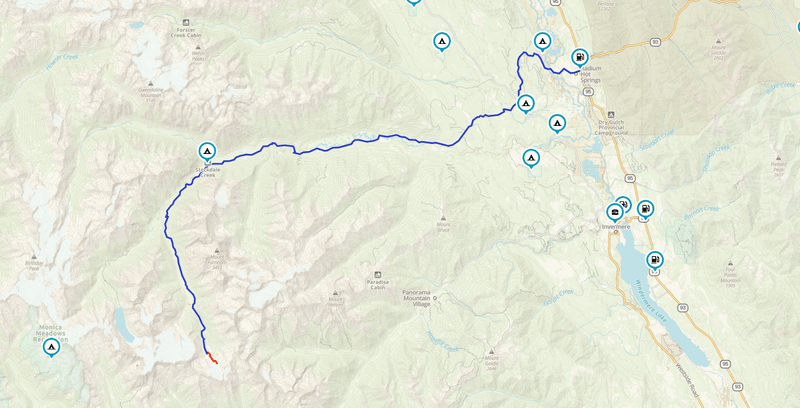 Map screenshot of a GPX route through the mountains toward Farnham Glacier and Radium Hot Springs BC