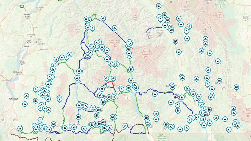 The WORKS route map covering the southern Kootenays with hundreds of campsite and fuel markers