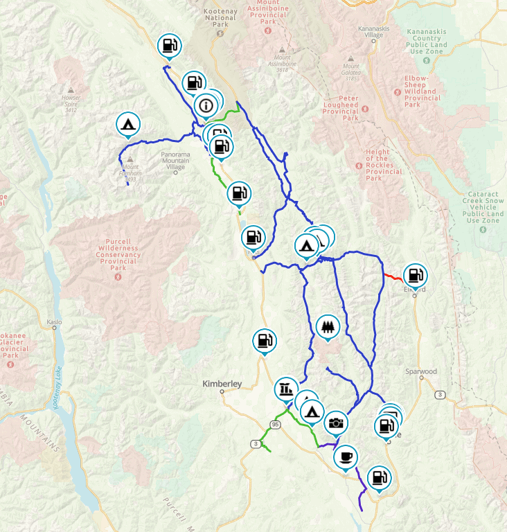 Kootenay Rockies North route map around Kimberley and Sparwood with fuel and campsite markers