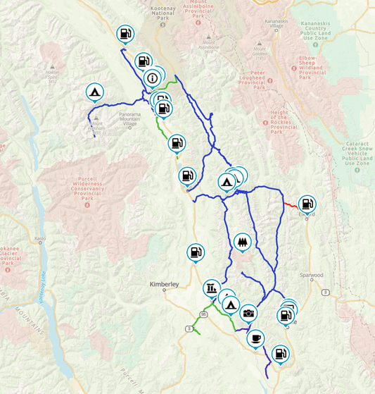 Kootenay Rockies North route map around Kimberley and Sparwood with fuel and campsite markers