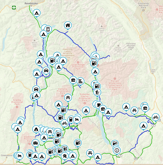West Kootenays adventure route map from Revelstoke with campsite and fuel markers across the mountains
