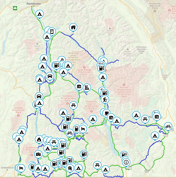 West Kootenays adventure route map from Revelstoke with campsite and fuel markers across the mountains