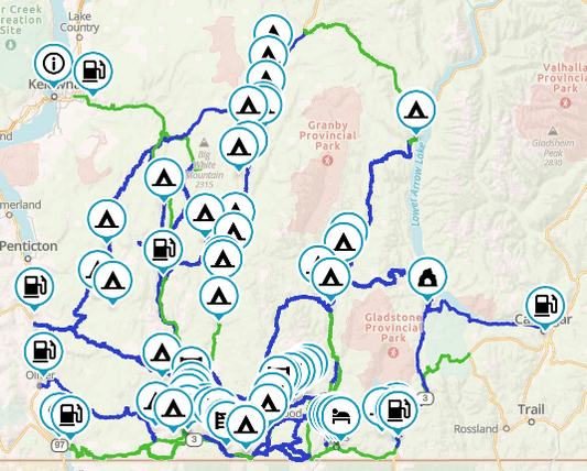 Adventure motorcycle route map of the Kootenay Boundary region with dense campsite and fuel markers