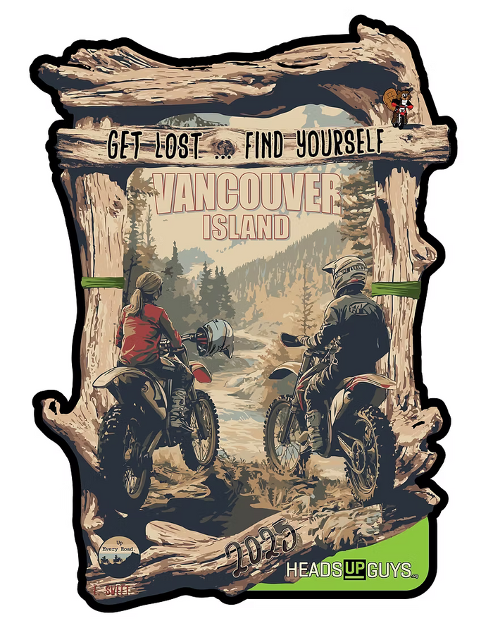 Get Lost Find Yourself Vancouver Island poster with two dual sport riders on a forest trail framed by cedar trunks