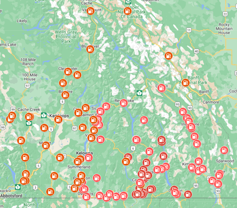Map of southern BC marked with fuel station icons for adventure motorcycle trip planning