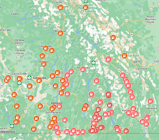 Map of southern BC marked with fuel station icons for adventure motorcycle trip planning