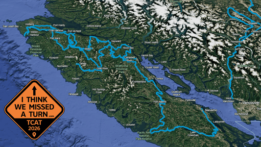 Satellite map of Vancouver Island and the BC coast with the TCAT 2026 adventure motorcycle route traced in blue