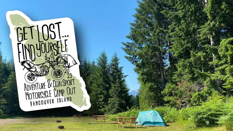 Get Lost Find Yourself 2023 campout sticker over a Vancouver Island campsite with a tent and picnic tables in the forest