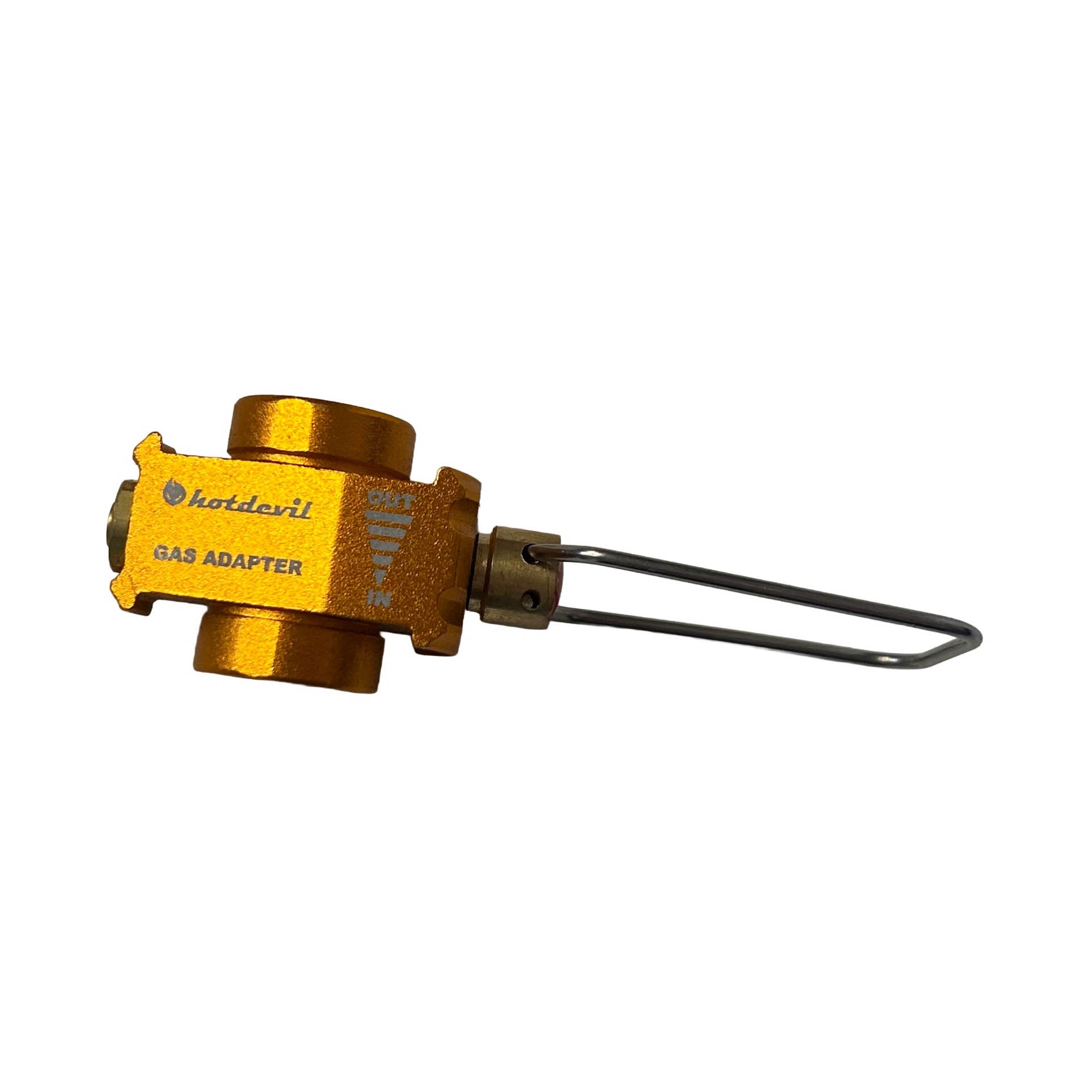 Hot Devil gas adapter for camp stove canisters, front view