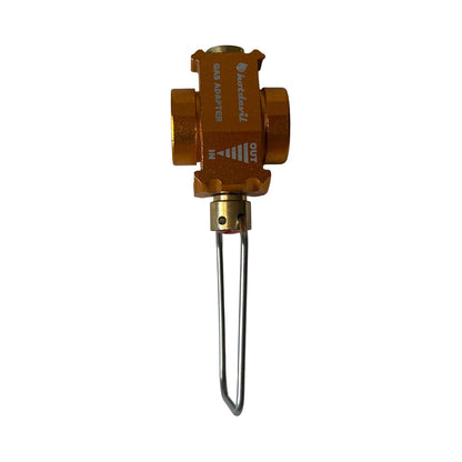 Hot Devil gas adapter showing IN and OUT fuel ports