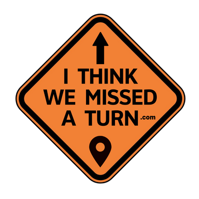 I Think We Missed a Turn orange diamond road sign logo with arrow, .com and location pin on white