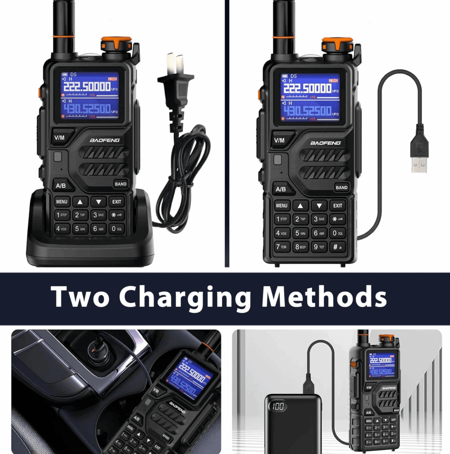 Baofeng K5 Plus radio shown with two charging methods, dock cradle and USB cable, plus in-vehicle and power bank charging