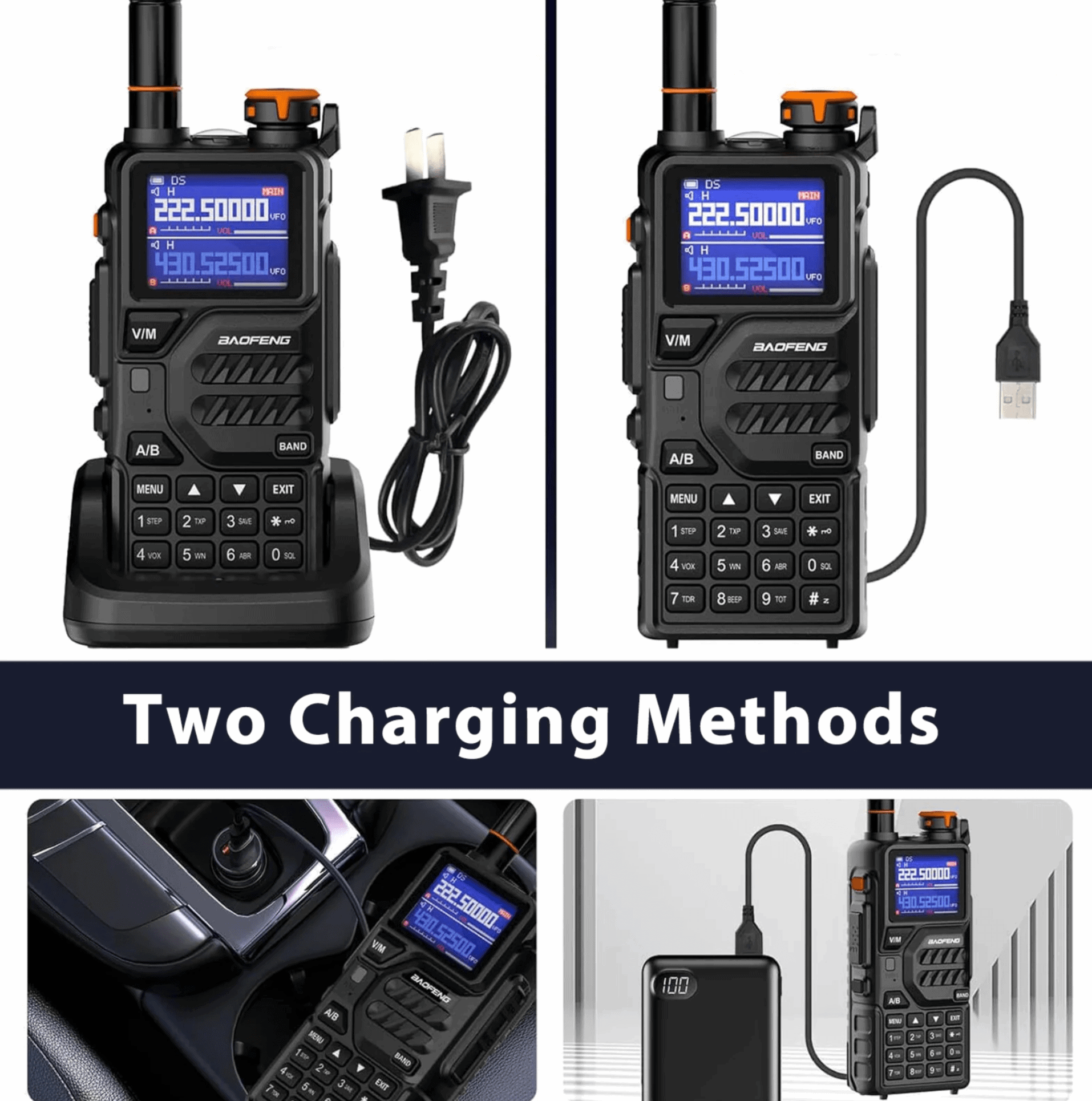 Baofeng K5 Plus radio shown with two charging methods, dock cradle and USB cable, plus in-vehicle and power bank charging