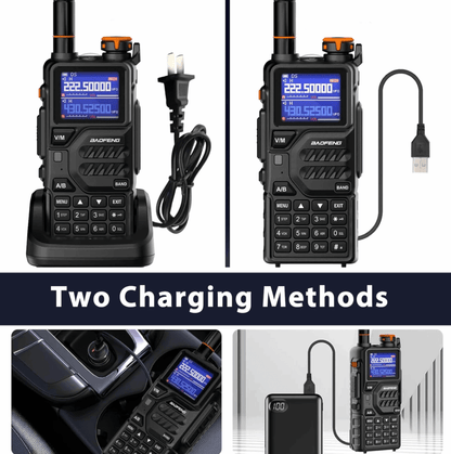 Baofeng K5 Plus radio shown with two charging methods, dock cradle and USB cable, plus in-vehicle and power bank charging