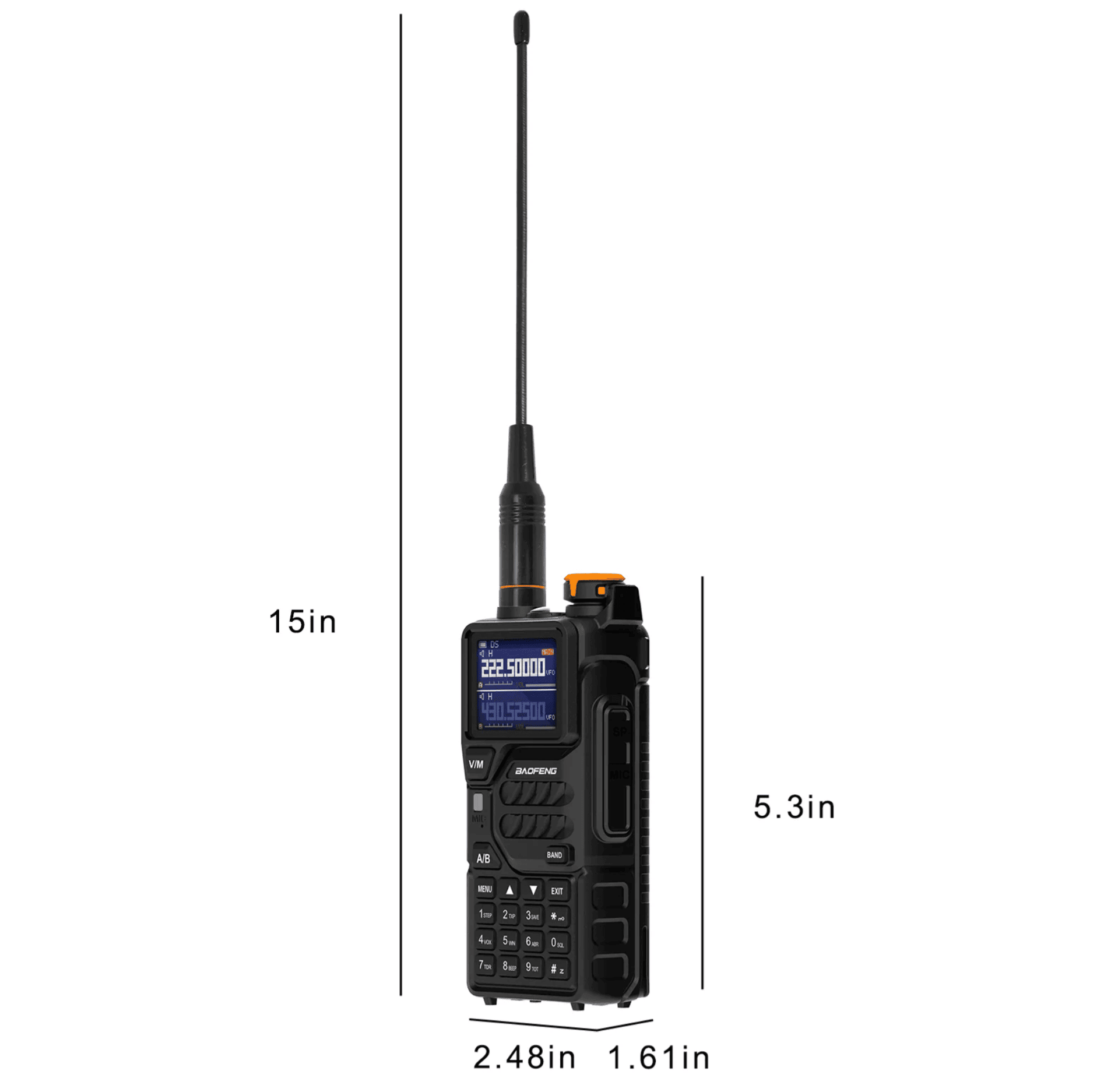 Baofeng K5 Plus radio with dimensions labeled, 15in antenna height, 5.3in body, 2.48in wide and 1.61in deep