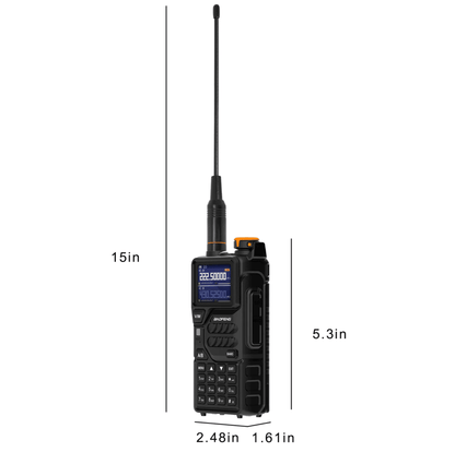 Baofeng K5 Plus radio with dimensions labeled, 15in antenna height, 5.3in body, 2.48in wide and 1.61in deep