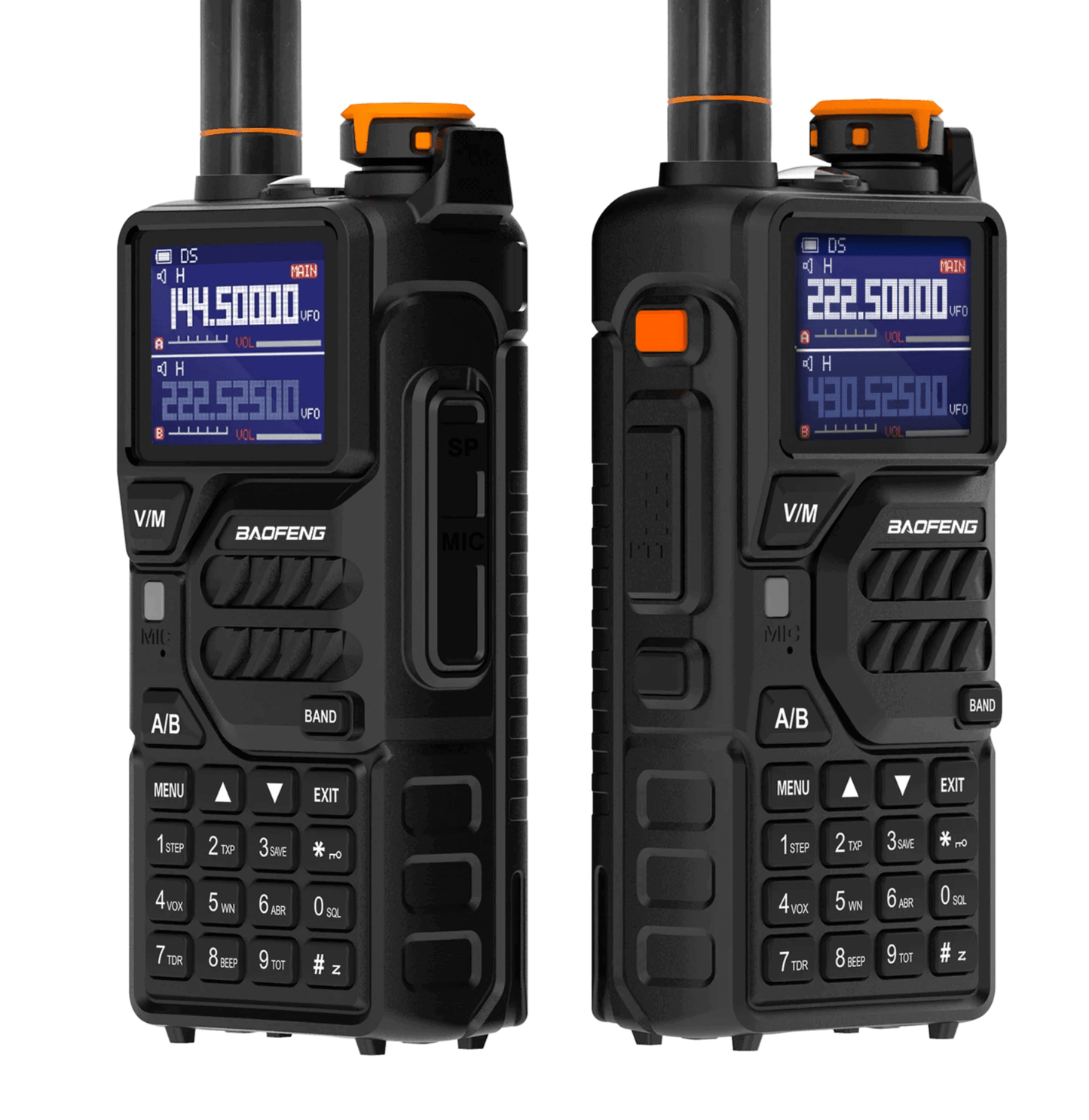 Baofeng K5 Plus 10W radio combo kit showing two radios with dual band color displays