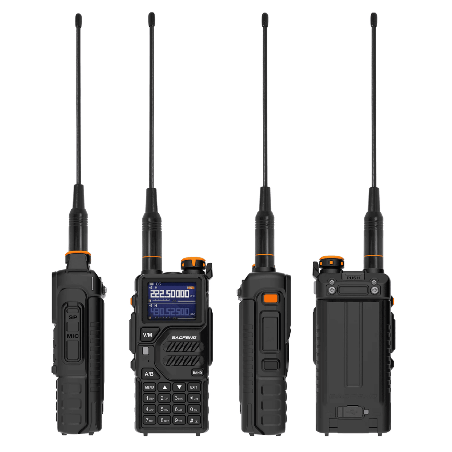 Baofeng K5 Plus radio shown from four angles, front, sides and back, with antenna and belt clip