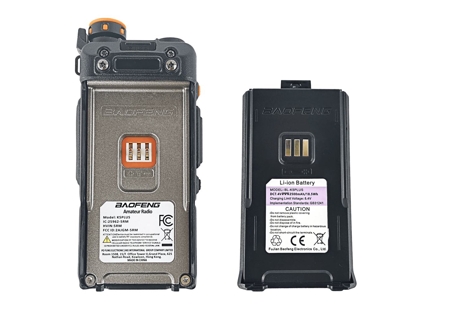 Baofeng K5 Plus radio battery shown attached and removed, marked as amateur radio Li-ion battery