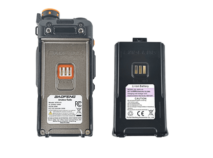Baofeng K5 Plus radio battery shown attached and removed, marked as amateur radio Li-ion battery
