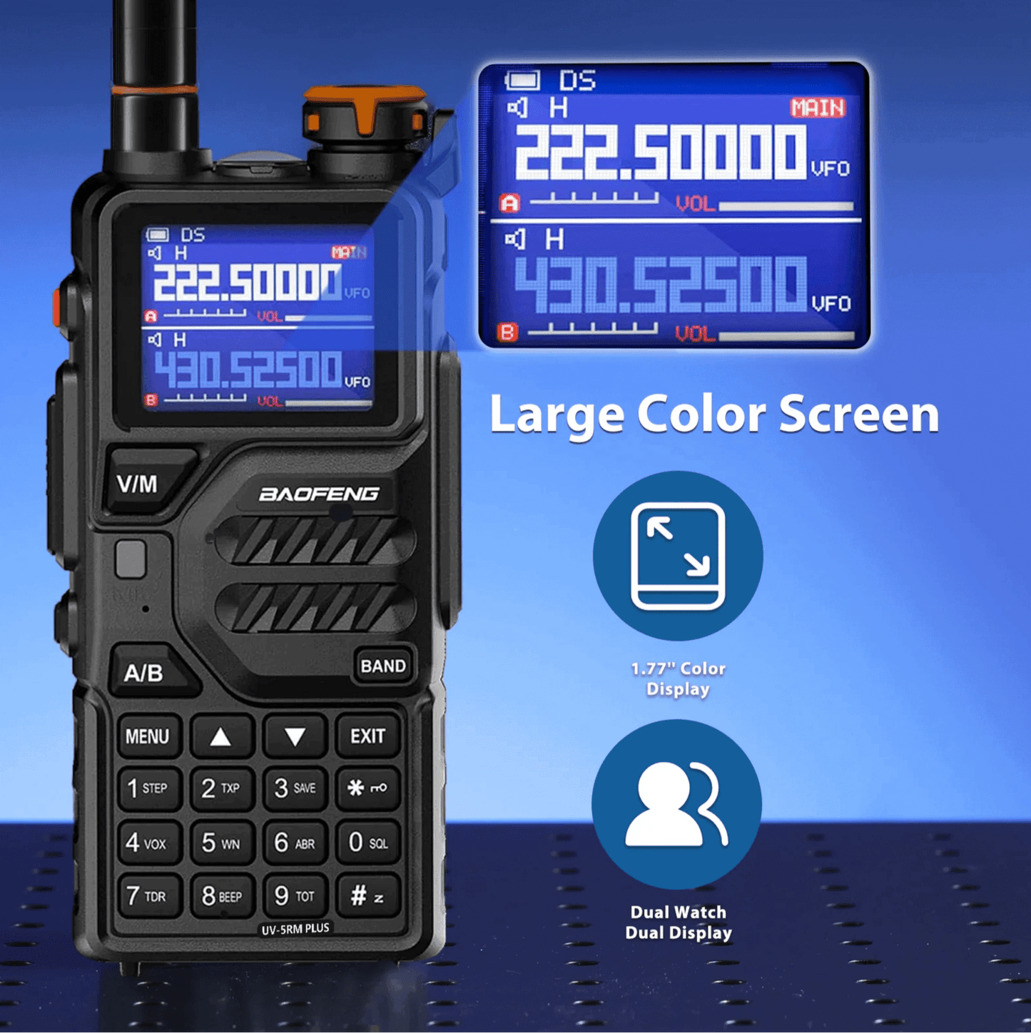 Baofeng K5 Plus radio showing its 1.77 inch large color screen with dual watch dual display