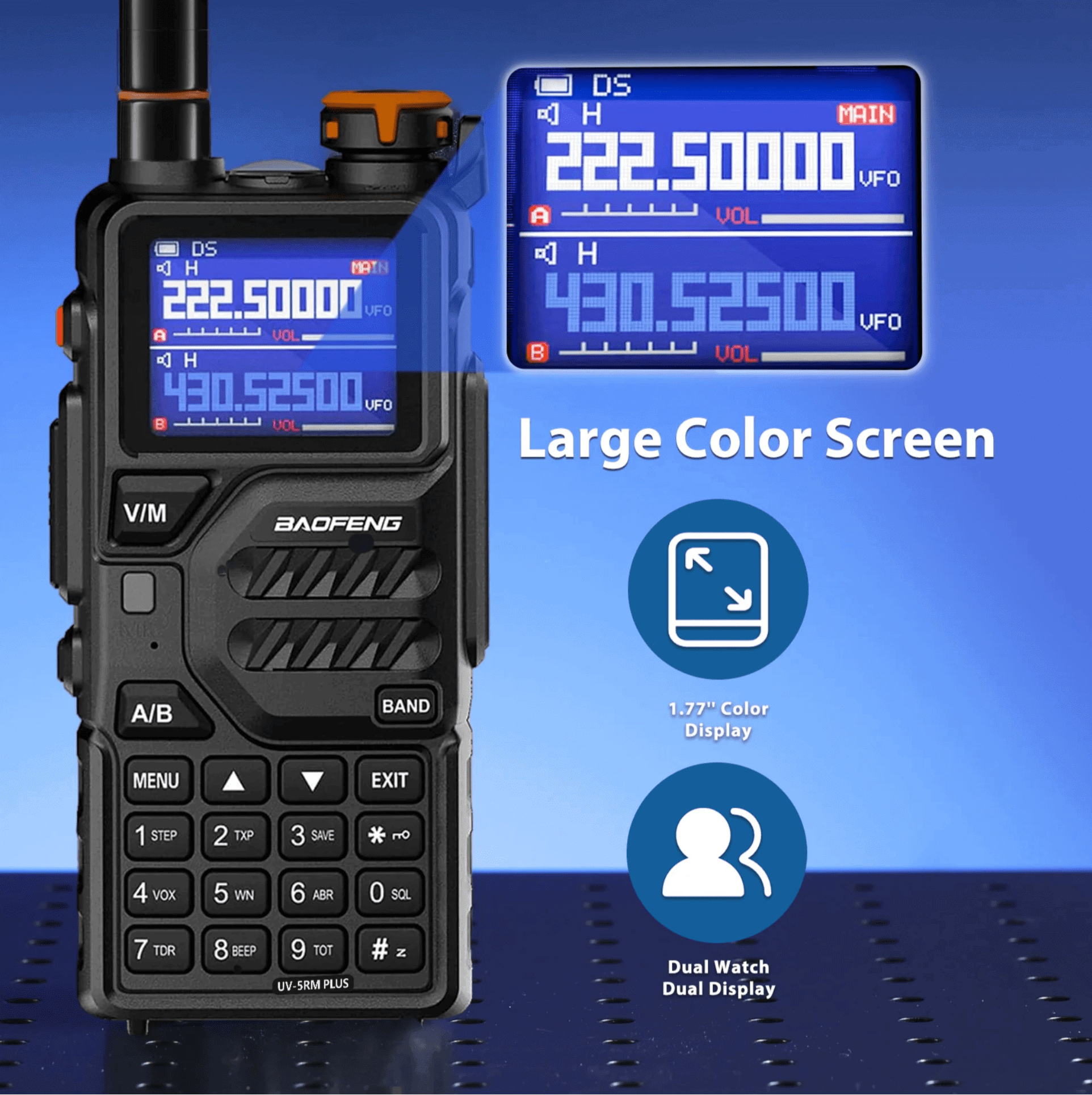 Baofeng K5 Plus radio showing its 1.77 inch large color screen with dual watch dual display