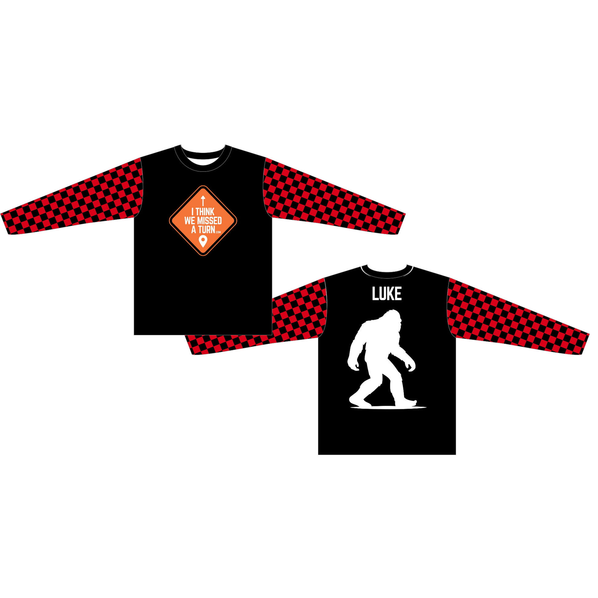 ITWMAT Lumbersquatch ADV jersey, front diamond logo and back Bigfoot graphic with LUKE name and red plaid sleeves