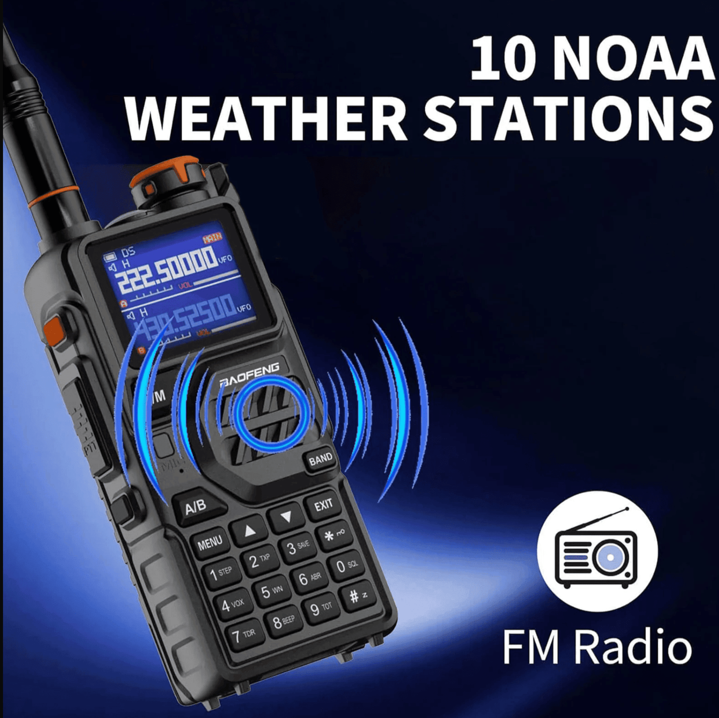 Baofeng K5 Plus radio feature graphic for 10 NOAA weather stations and FM radio