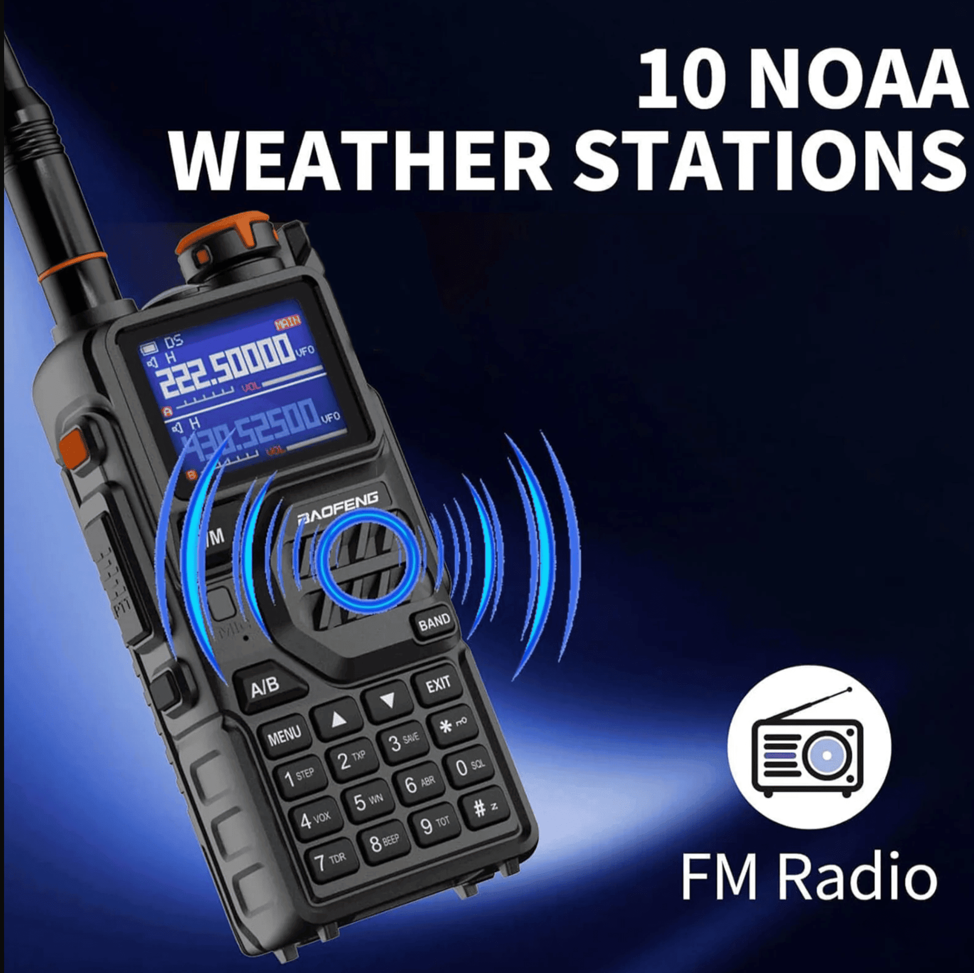 Baofeng K5 Plus radio feature graphic for 10 NOAA weather stations and FM radio