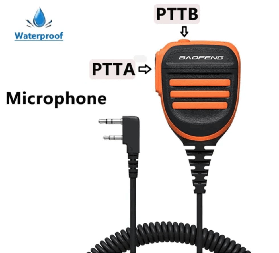 Baofeng waterproof speaker microphone with PTTA and PTTB buttons and two-pin K connector
