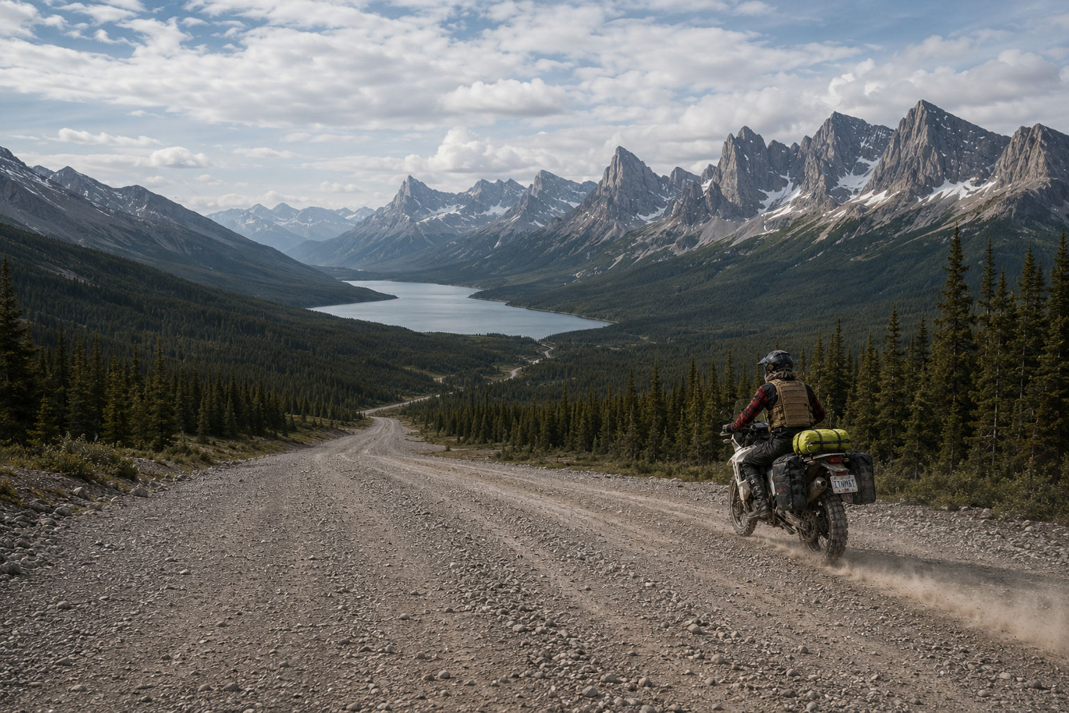 Adventure rider on a loaded bike riding a gravel road toward jagged peaks and a long lake in the Canadian Rockies
