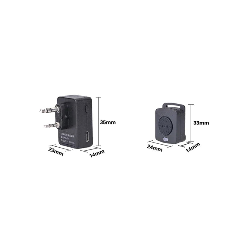 Bluetooth PTT radio adapter with K-plug and wireless push-to-talk button showing unit dimensions