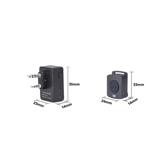 Bluetooth PTT radio adapter with K-plug and wireless push-to-talk button showing unit dimensions