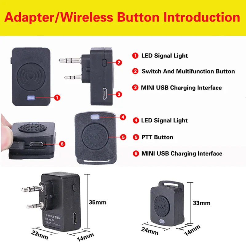 Bluetooth PTT adapter features: LED signal light, multifunction switch, PTT button and USB charging port