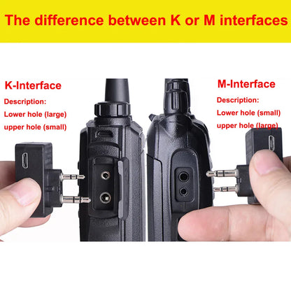 K-plug vs M-plug comparison showing which two-pin port fits Baofeng and Motorola style radios