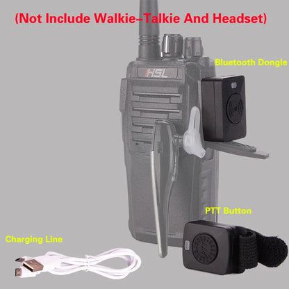 Bluetooth PTT adapter and push-to-talk button mounted on a handheld walkie talkie with USB charging cable