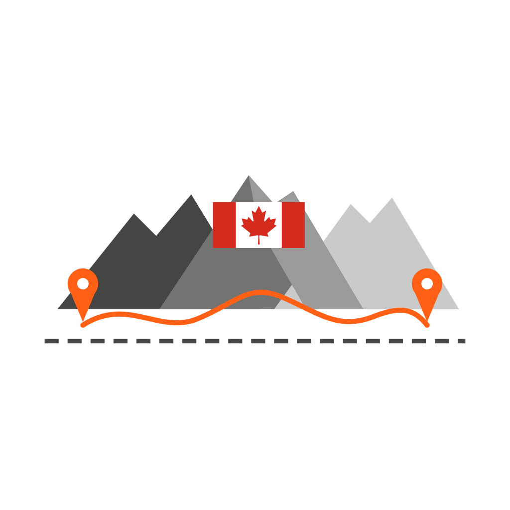 Flat icon of grey mountains with a Canadian flag, an orange route between two map pins and a dashed border line below