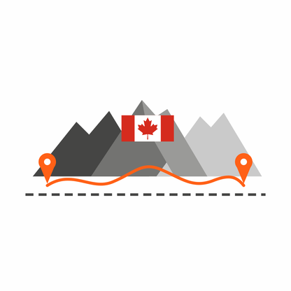 Flat icon of grey mountains with a Canadian flag, an orange route between two map pins and a dashed border line below