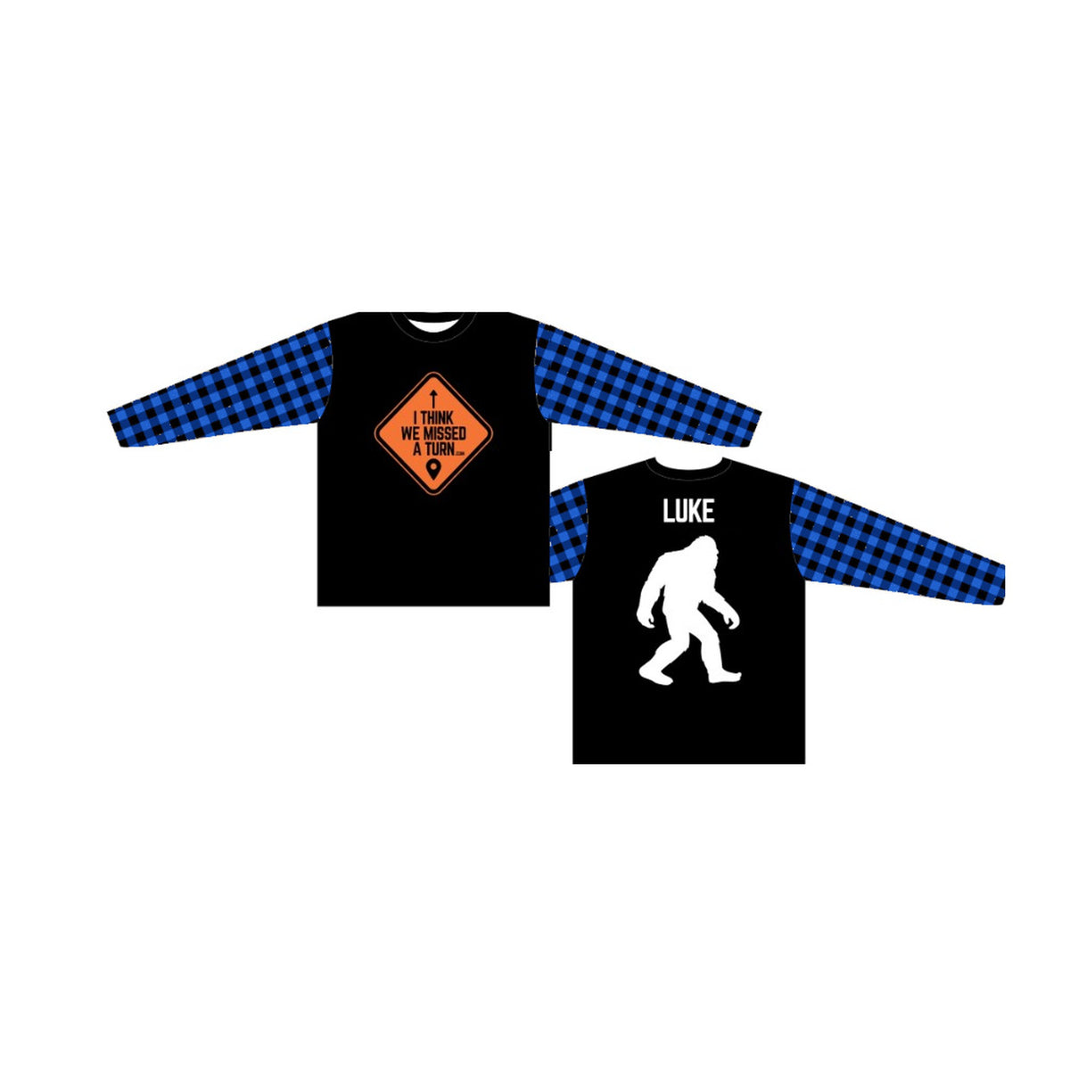 Custom Lumbersquatch ADV Jersey, blue plaid sleeves, sasquatch on the back, front and back view