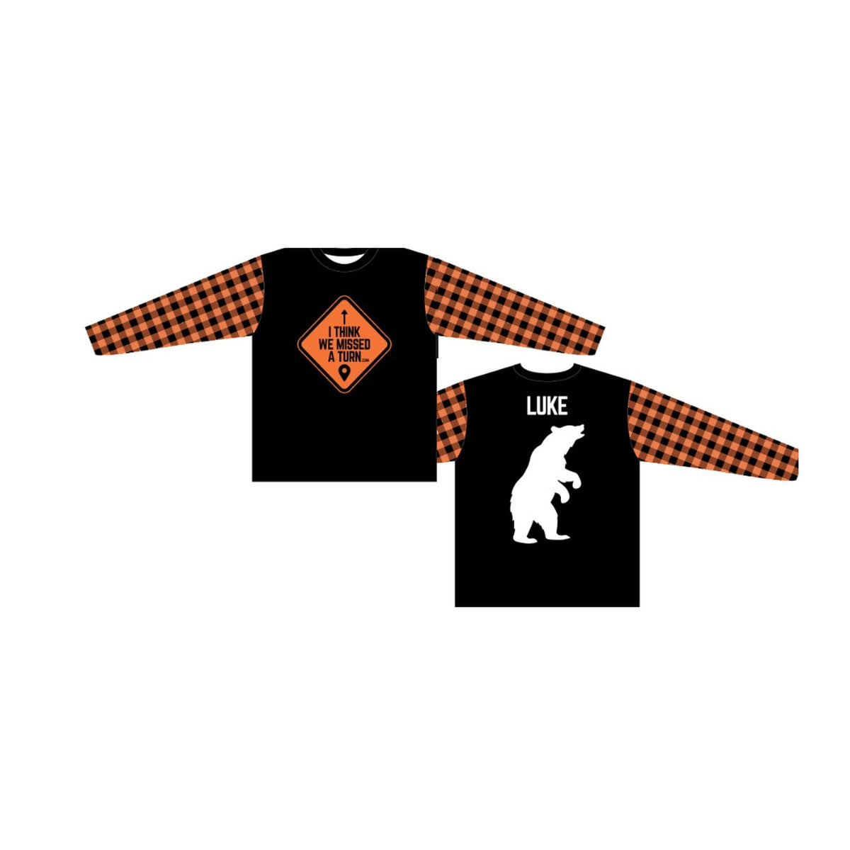 Custom Lumbersquatch ADV Jersey, orange plaid sleeves, grizzly on the back, front and back view