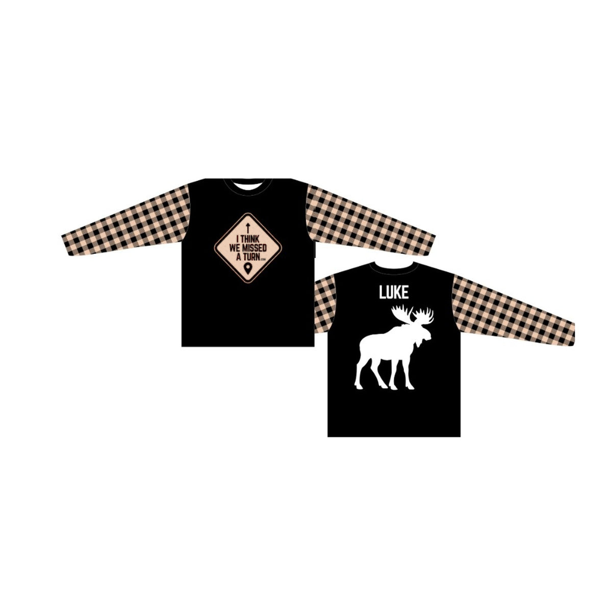 Custom Lumbersquatch ADV Jersey, sand plaid sleeves, moose on the back, front and back view