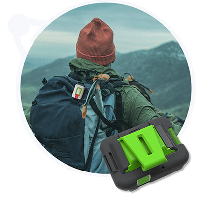 ZOLEO device in the cradle clipped to a backpack shoulder strap